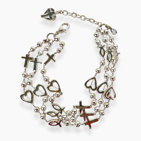 Premier Designs Bracelet Charms Christian Fish Heart Cross 3 Strand Silver Tone - Picture 1 of 7